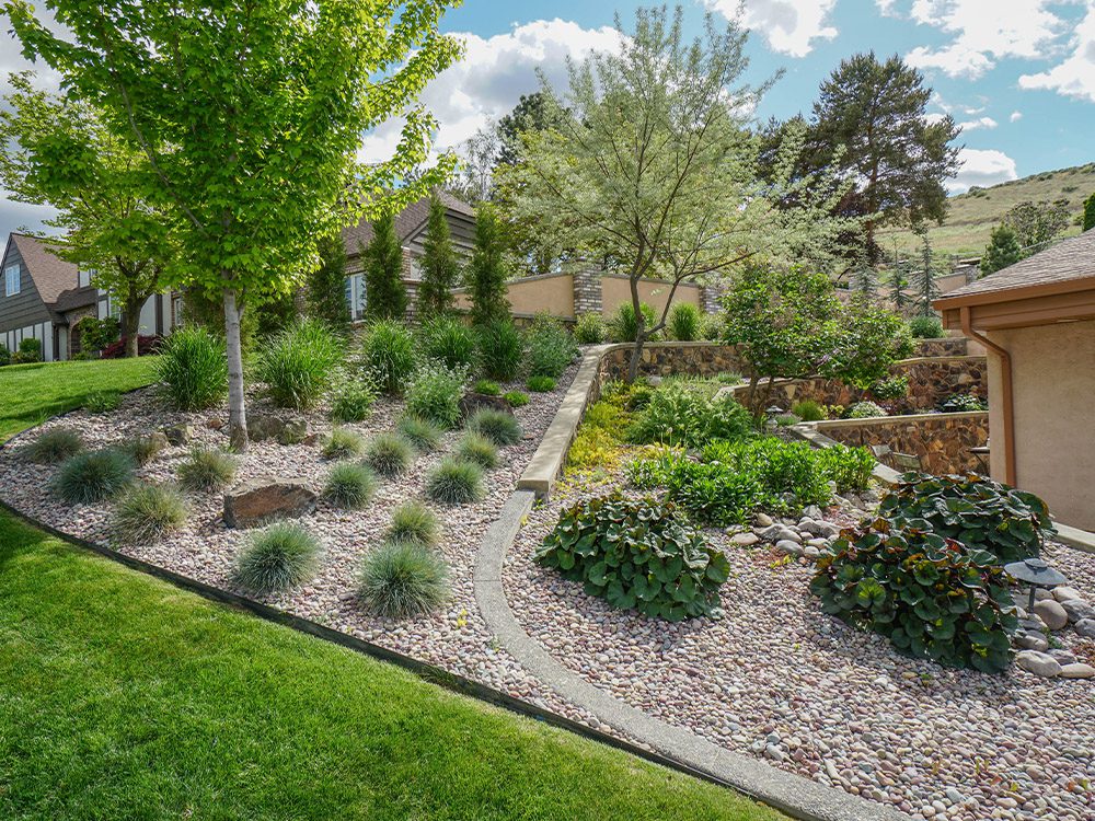 tiered rock wall with landscaping